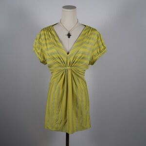 INC International Concepts Yellow Stripe Metallic V Neck Dolman Sleeve Top Shirt